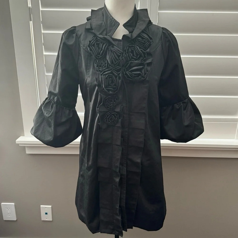 Elegant Black Women's Coat with Floral Accents